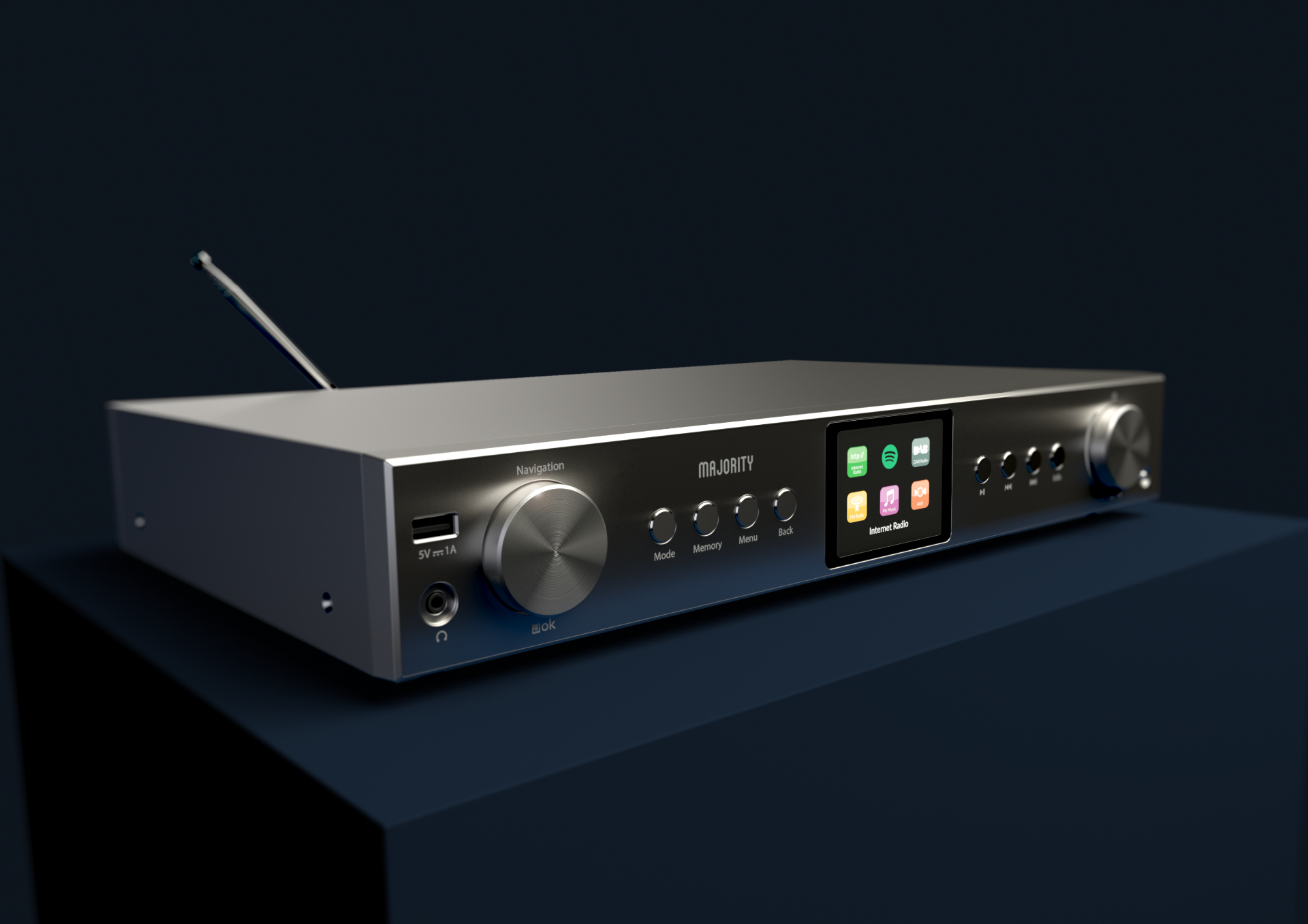 Photoreal hi-fi tuner render with front panel detail
