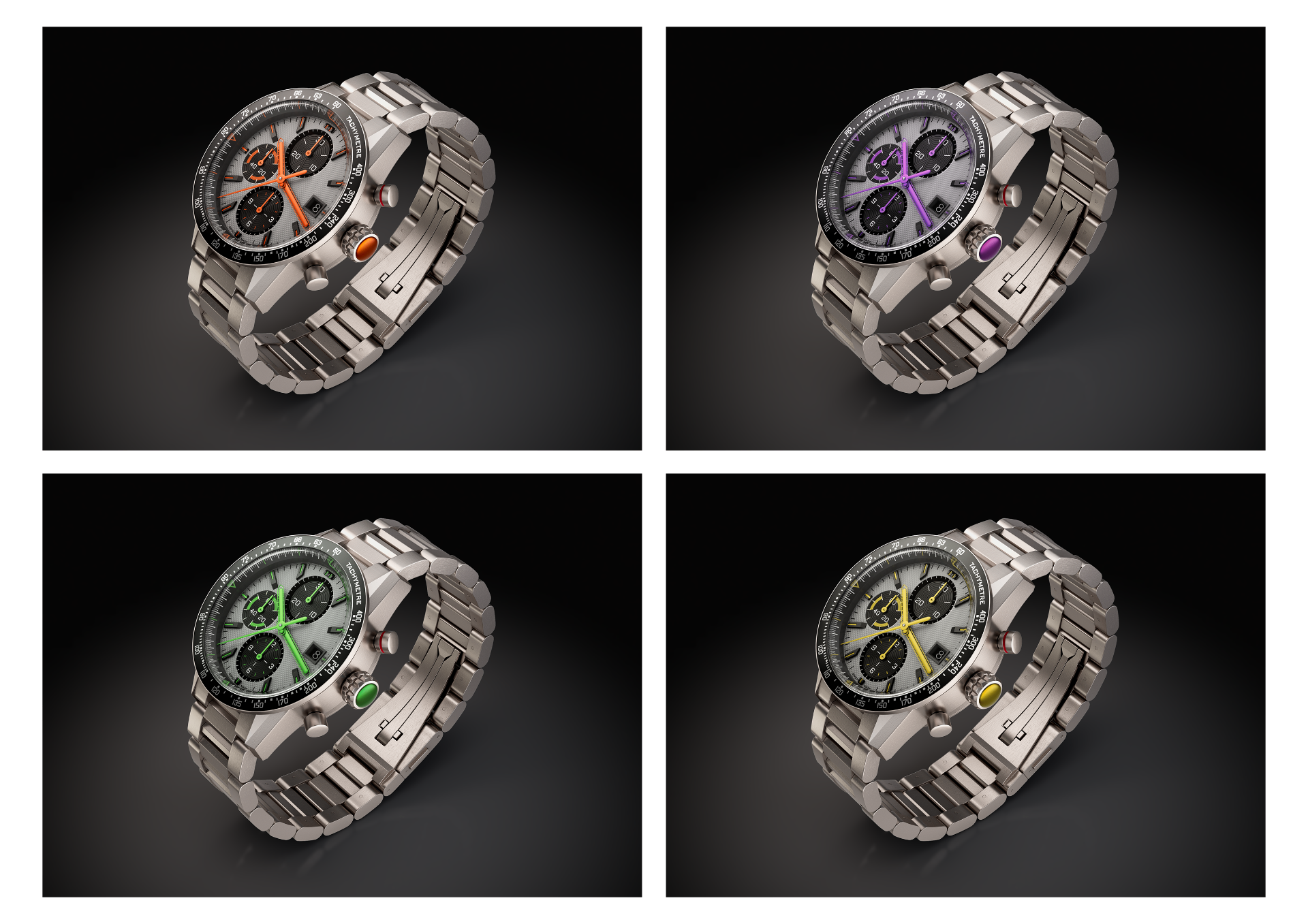Four colourways of the same chronograph rendered from one CAD file