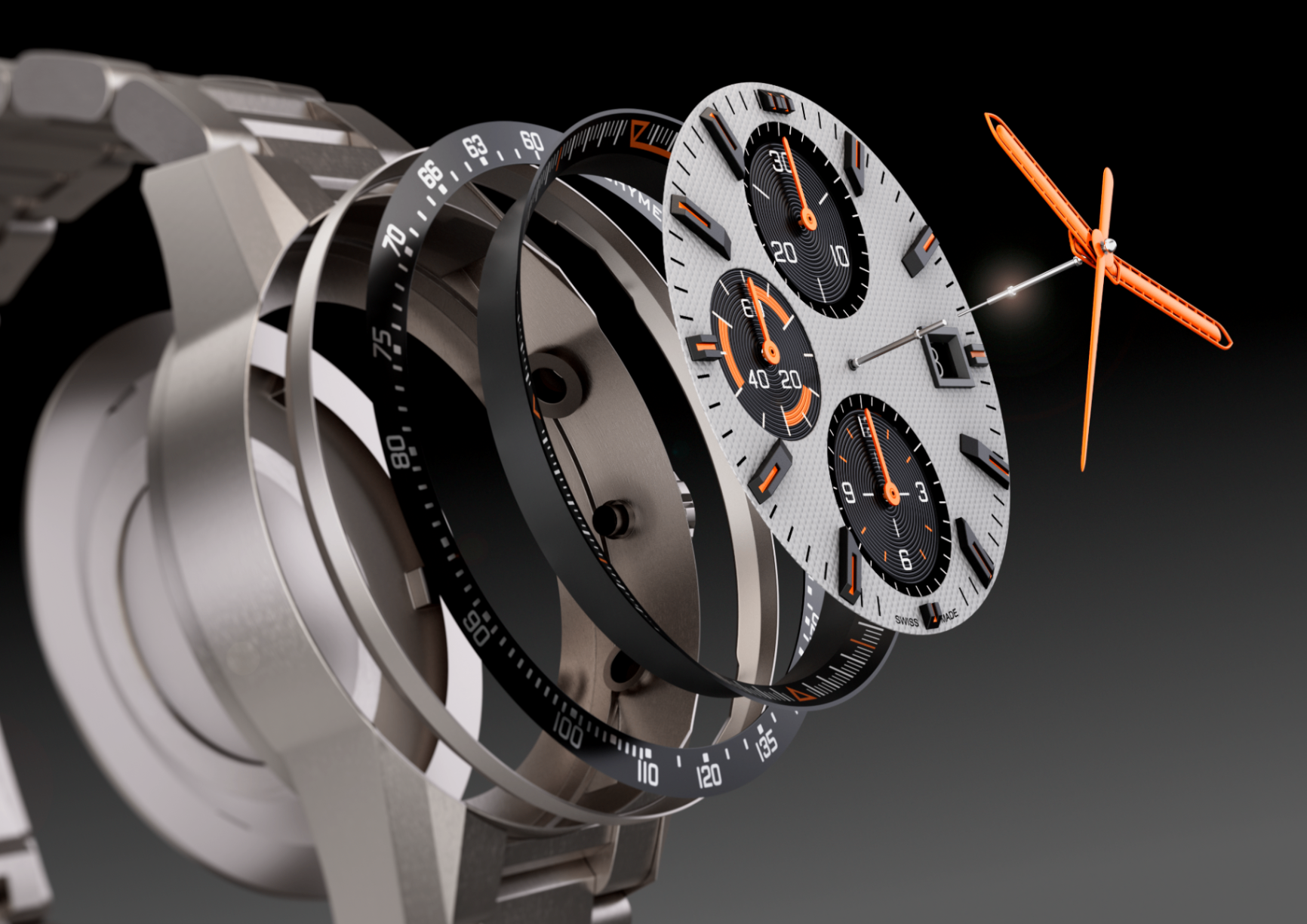 Exploded view of a chronograph watch showing dial, bezel, case and hands separated for a technical hero render