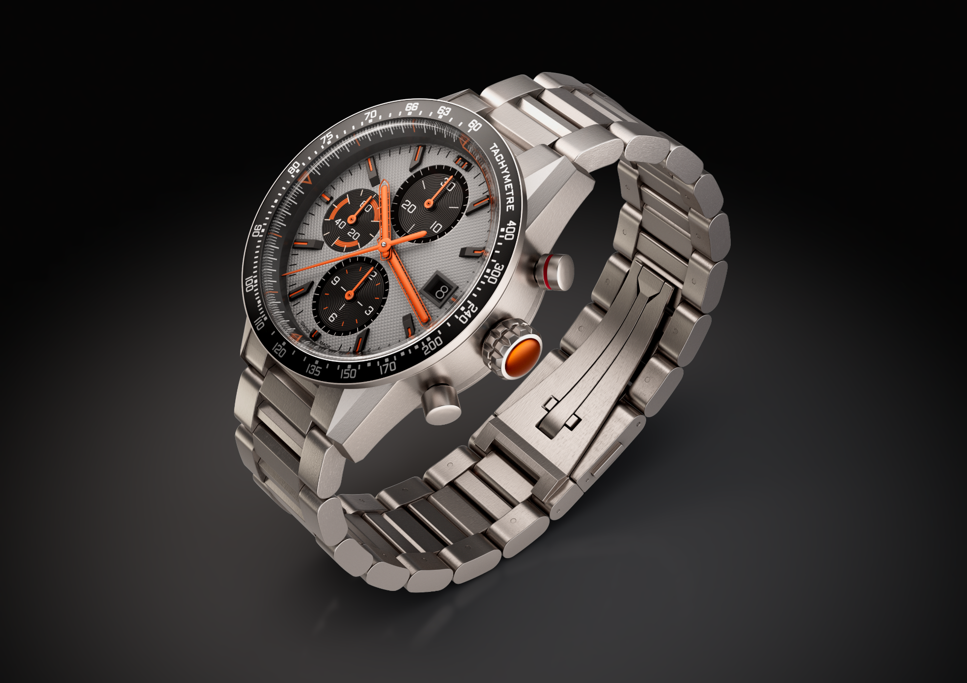 Chronograph watch rendered from CAD, photoreal titanium bracelet and orange dial detail