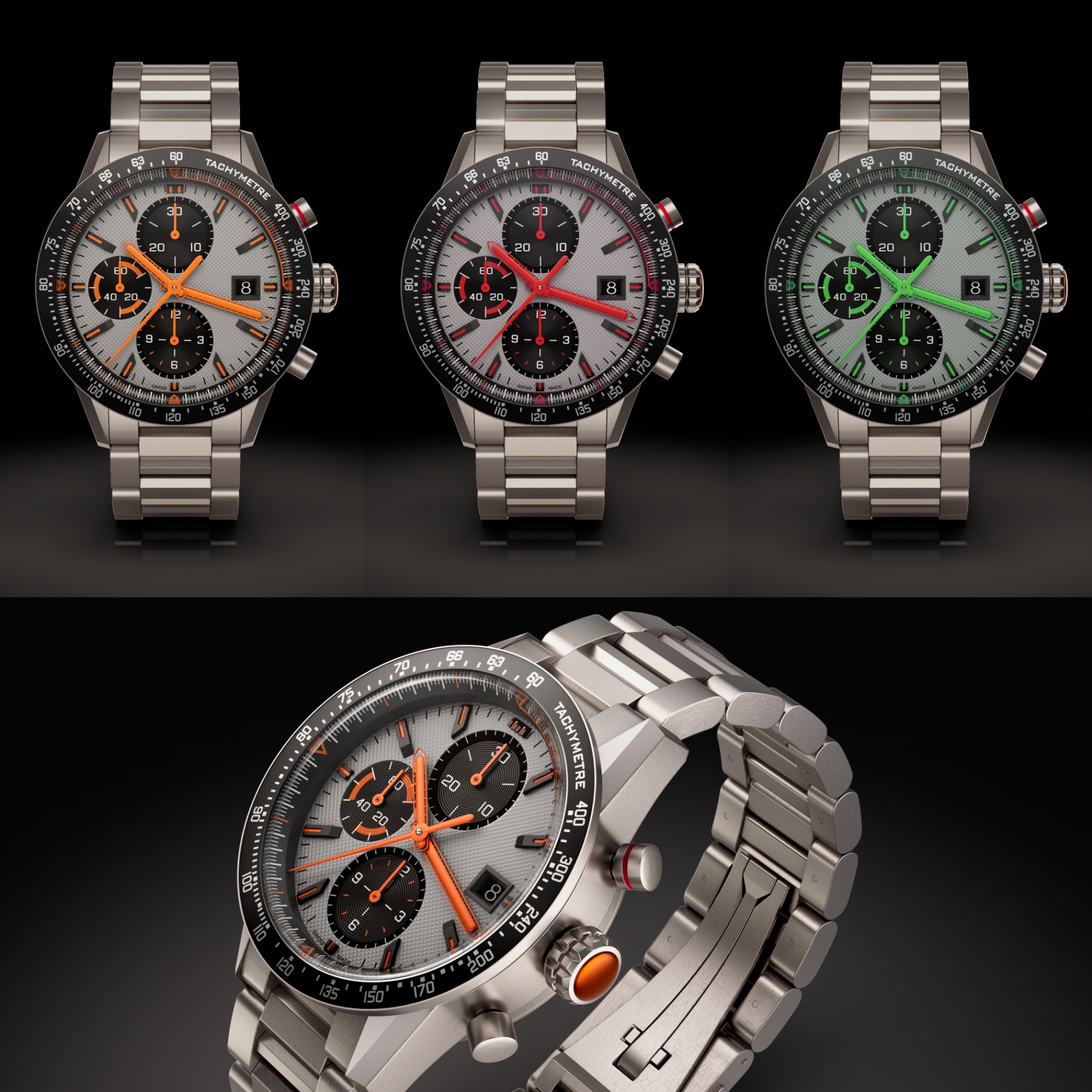 Chronograph range shown in three colourways from one CAD file
